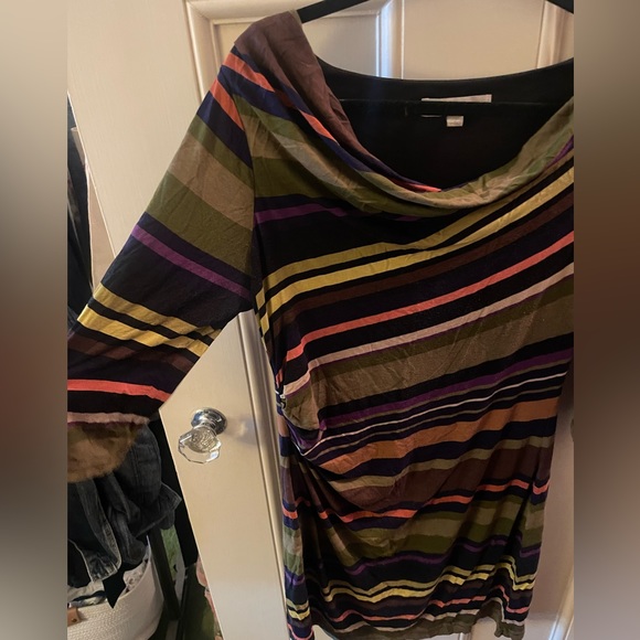 LOFT Cowl Neck Stripe 3/4 Sleeve Ruched Shift Dress LP - Picture 10 of 12